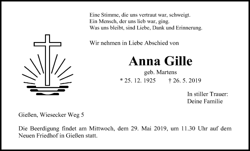  Traueranzeige für Anna Gille vom 28.05.2019 aus Giessener Allgemeine, Alsfelder Allgemeine