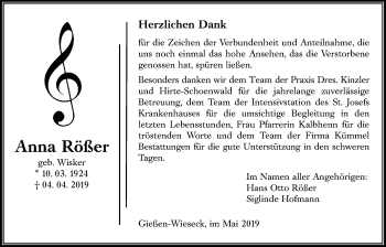 Traueranzeige von Anna Rößer von Giessener Allgemeine, Alsfelder Allgemeine