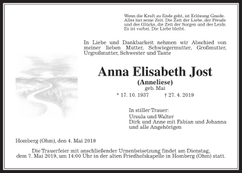 Traueranzeige von Anna Elisabeth Jost von Giessener Allgemeine, Alsfelder Allgemeine