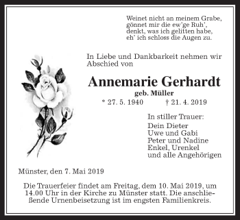 Traueranzeige von Annemarie Gerhardt von Giessener Allgemeine, Alsfelder Allgemeine