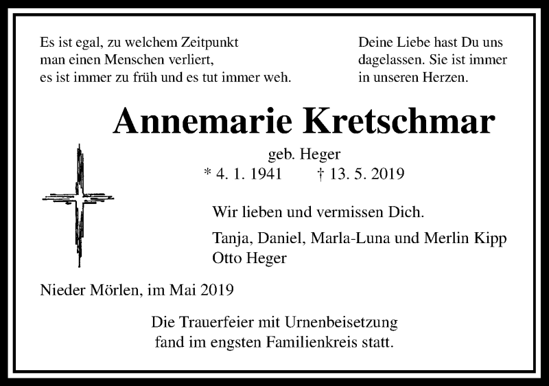  Traueranzeige für Annemarie Kretschmar vom 25.05.2019 aus Wetterauer Zeitung
