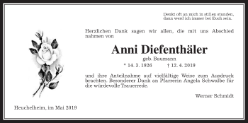 Traueranzeige von Anni Diefenthäler von Wetterauer Zeitung