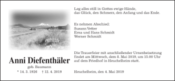 Traueranzeige von Anni Diefenthäler von Wetterauer Zeitung