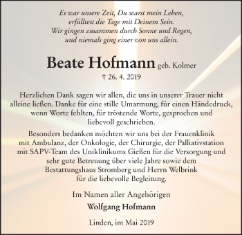 Traueranzeige von Beate Hofmann von Giessener Allgemeine, Alsfelder Allgemeine
