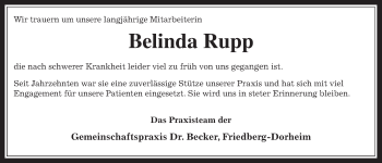 Traueranzeige von Belinda Rupp von Wetterauer Zeitung