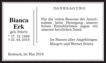 Traueranzeige von Bianca Erk von Wetterauer Zeitung