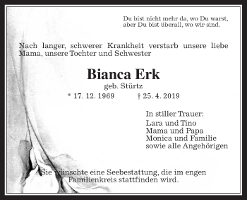 Traueranzeige von Bianca Erk von Wetterauer Zeitung
