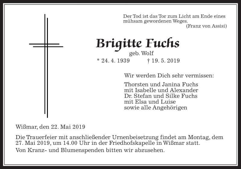  Traueranzeige für Brigitte Fuchs vom 22.05.2019 aus Giessener Allgemeine, Alsfelder Allgemeine