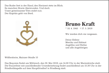 Traueranzeige von Bruno Kraft von Wetterauer Zeitung