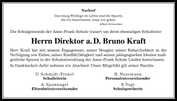Traueranzeige von Bruno Kraft von Wetterauer Zeitung, Giessener Allgemeine, Alsfelder Allgemeine