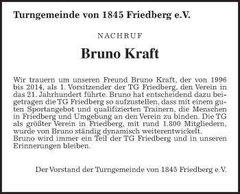 Traueranzeige von Bruno Kraft von Wetterauer Zeitung