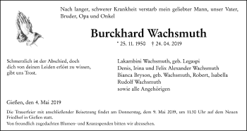 Traueranzeige von Burckhard Wachsmuth von Giessener Allgemeine, Alsfelder Allgemeine