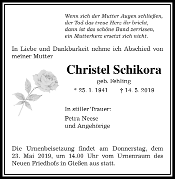 Traueranzeige von Christel Schikora von Giessener Allgemeine, Alsfelder Allgemeine