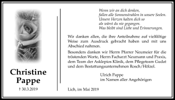 Traueranzeige von Christine Pappe von Licher Wochenblatt