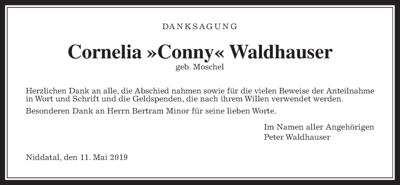  Traueranzeige für Cornelia Waldhauser vom 11.05.2019 aus Wetterauer Zeitung