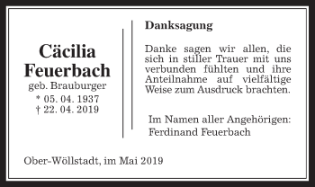 Traueranzeige von Cäcilia Feuerbach von Wetterauer Zeitung