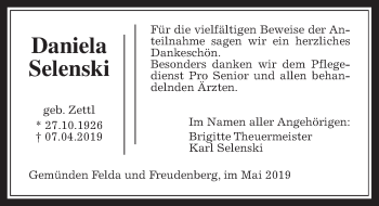 Traueranzeige von Daniela Selenski von Alsfelder Allgemeine