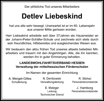Traueranzeige von Detlev Liebeskind von Wetterauer Zeitung