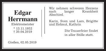 Traueranzeige von Edgar Herrmann von Giessener Allgemeine, Alsfelder Allgemeine