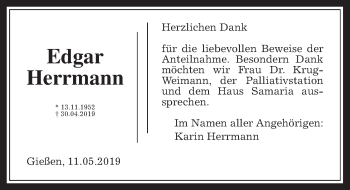 Traueranzeige von Edgar Herrmann von Giessener Allgemeine, Alsfelder Allgemeine