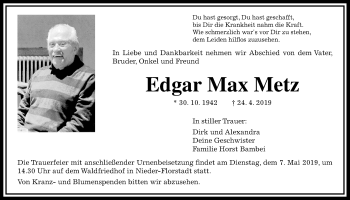 Traueranzeige von Edgar Max Metz von Wetterauer Zeitung