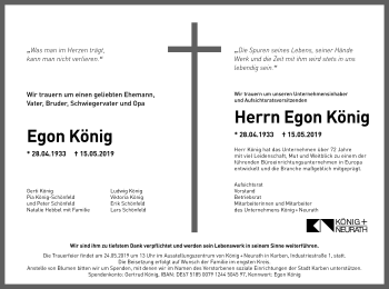 Traueranzeige von Egon König von Wetterauer Zeitung, Giessener Allgemeine, Alsfelder Allgemeine