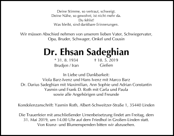 Traueranzeige von Ehsan Sadeghian von Giessener Allgemeine, Alsfelder Allgemeine