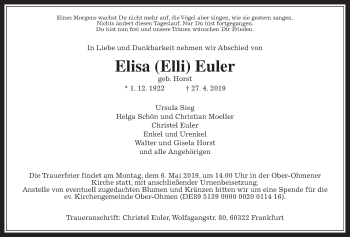 Traueranzeige von Elisa Euler von Alsfelder Allgemeine