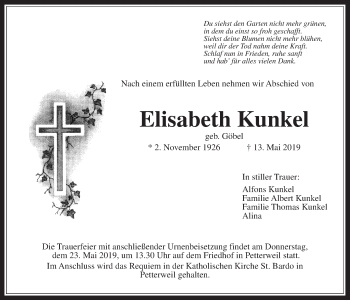 Traueranzeige von Elisabeth Kunkel von Wetterauer Zeitung