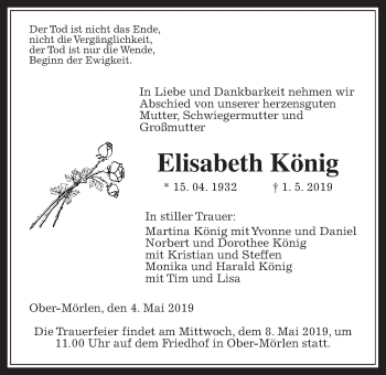 Traueranzeige von Elisabeth König von Wetterauer Zeitung