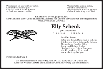 Traueranzeige von Elly Schenk von Wetterauer Zeitung