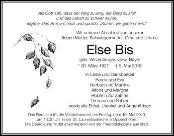 Traueranzeige von Else Bis von Giessener Allgemeine, Alsfelder Allgemeine, Wetterauer Zeitung