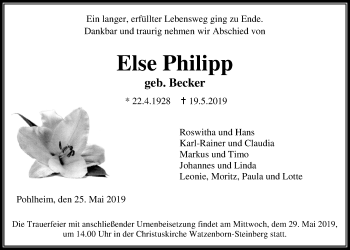 Traueranzeige von Else Philipp von Giessener Allgemeine, Alsfelder Allgemeine