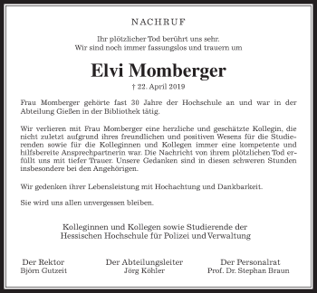 Traueranzeige von Elvi Momberger von Giessener Allgemeine, Alsfelder Allgemeine