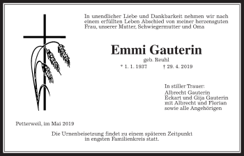 Traueranzeige von Emmi Gauterin von Wetterauer Zeitung