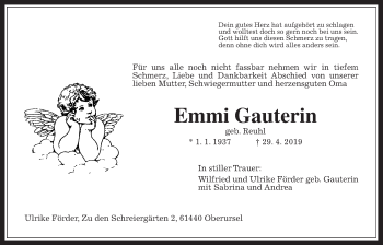 Traueranzeige von Emmi Gauterin von Wetterauer Zeitung