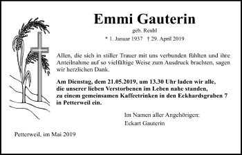 Traueranzeige von Emmi Gauterin von Wetterauer Zeitung