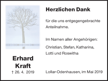 Traueranzeige von Erhard Kraft von Wetterauer Zeitung, Giessener Allgemeine, Alsfelder Allgemeine