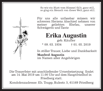Traueranzeige von Erika Augustin von Wetterauer Zeitung