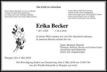 Traueranzeige von Erika Becker von Licher Wochenblatt
