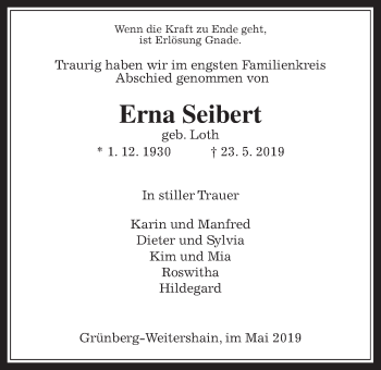 Traueranzeige von Erna Seibert von Giessener Allgemeine, Alsfelder Allgemeine