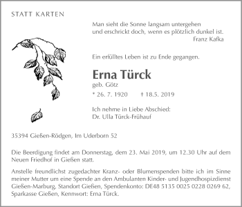 Traueranzeige von Erna Türck von Giessener Allgemeine, Alsfelder Allgemeine