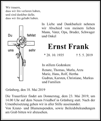 Traueranzeige von Ernst Frank von Giessener Allgemeine, Alsfelder Allgemeine
