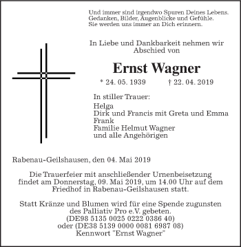 Traueranzeige von Ernst Wagner von Giessener Allgemeine, Alsfelder Allgemeine