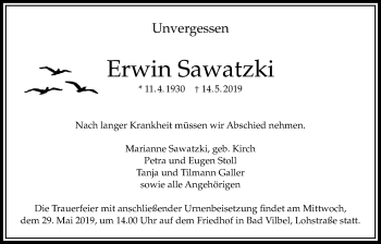 Traueranzeige von Erwin Sawatzki von Bad Vilbel/Karben