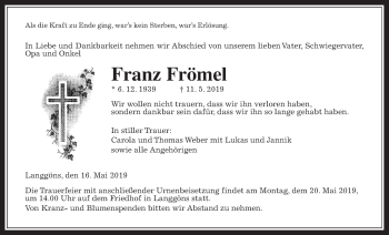 Traueranzeige von Franz Frömel von Giessener Allgemeine, Alsfelder Allgemeine