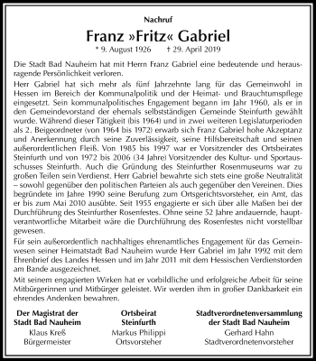 Traueranzeige von Franz Gabriel von Wetterauer Zeitung