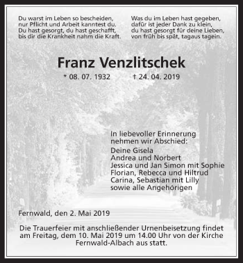 Traueranzeige von Franz Venzlitschek von Licher Wochenblatt