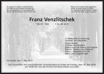 Traueranzeige von Franz Venzlitschek von Giessener Allgemeine, Alsfelder Allgemeine