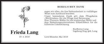 Traueranzeige von Frieda Lang von Licher Wochenblatt